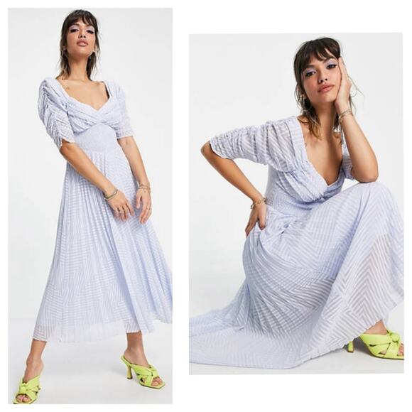 ASOS DESIGN Ruched Front Pleated Midi Dress Size 6 Smocked Waist Texture Blue - Picture 1 of 14